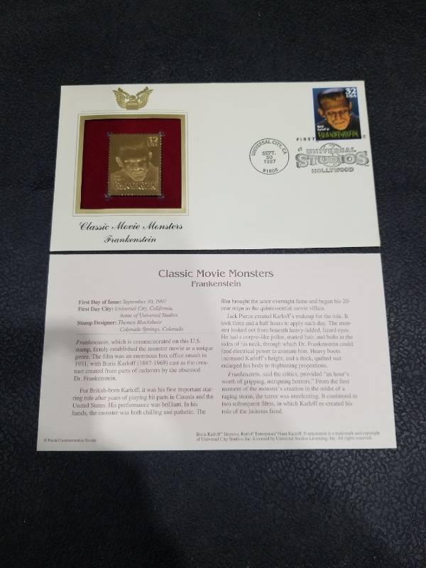 lot 4616 image: 1997 Frankenstein Classic Movie Monsters Gold Stamp First Day Cover