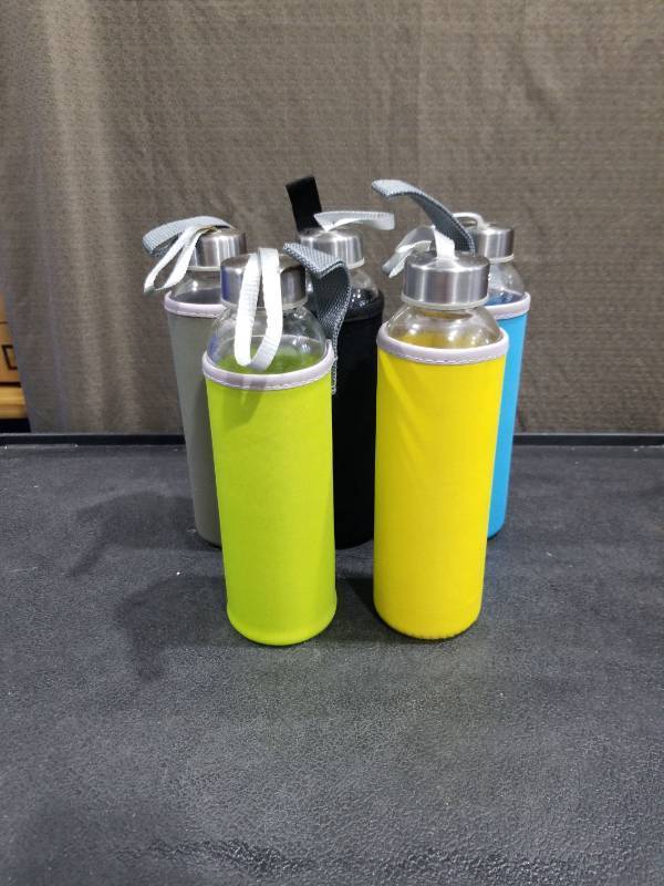 lot 4655 image: Clear Glass Water Bottles, Reusable Glass Juicing Bottles with Protection Sleeve and Stainless Steel Leak Proof Lids for Milk Smoothie Juice Beverage Tea