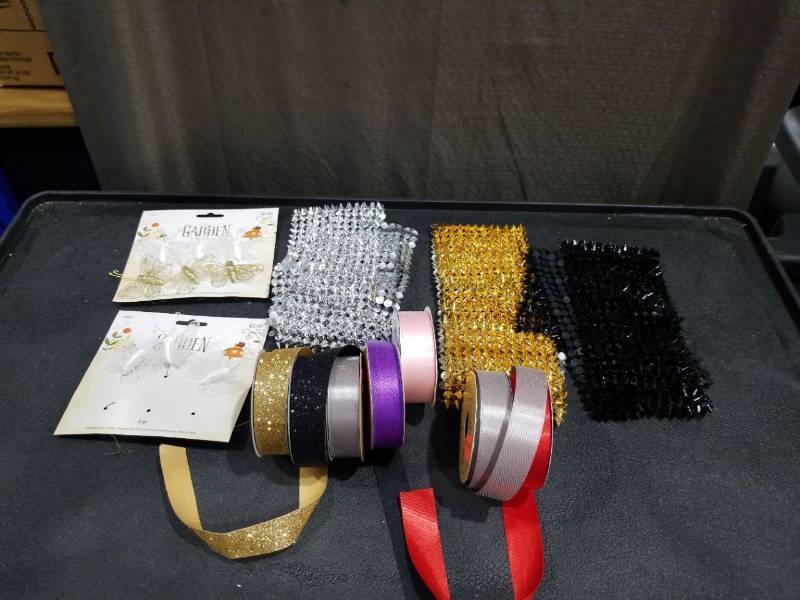 lot 4658 image: Crafting Supply Bundle - Ribbons, Butterfly Decorations and Spike Mesh