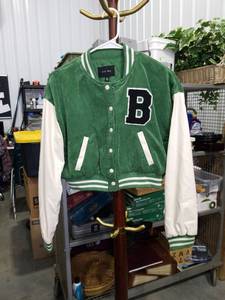 lot 1046 image: Juniors Love Tree Corduroy Letterman Bomber Jacket Green Medium