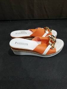 lot 1077 image: Orange Platform Sandals with Gold Chain Detail Size 5.5