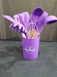 lot 1101 image: Purple Silicone Kitchen Utensil Set with Wooden Handles