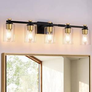 lot 3403 image: $80 Bathroom Vanity Light 5-Light, Black and Gold Over Mirror E26