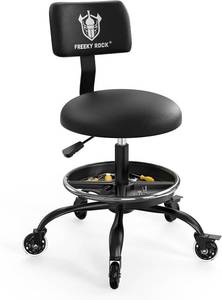 lot 3417 image: $140 Rolling Stool with Wheels, Adjustable Backrest, Footrest (Black)