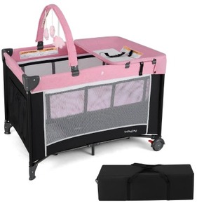 lot 3470 image: $180 BabyJoy 3-in-1 Portable Baby Crib and Playpen with Changing Table-Pink