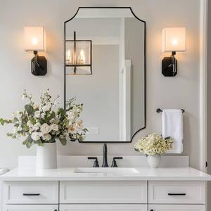 lot 3538 image: $220 ANDY STAR Matte Black 24x40in Scalloped Bathroom Mirror