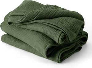 lot 3546 image: $63 Bedsure 100% Cotton Muslin King Blanket & Pillowcases, Olive Green, 108
