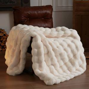 lot 3551 image: $50 BENVWE Faux Fur Throw Blanket, 50 x 60, Cream White, 1300GSM