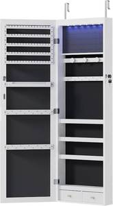lot 3573 image: $205 Large-Capacity Wall-Mount Jewelry Armoire with LED Lights, White