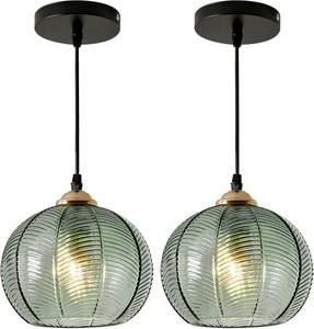 lot 3575 image: $130 Set of Two Mid Century Green Glass Pendant Lamps, Black Ceiling Light,