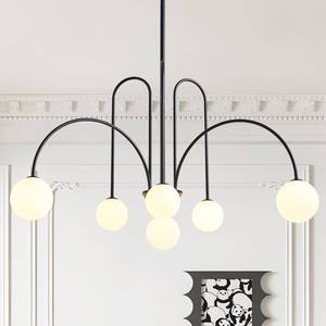 lot 3622 image: $100 Modern Black Sputnik Chandelier 6-Light with Milky Glass Globe