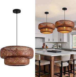 lot 3626 image: $92 Bamboo Pendant Light, Dark Curry Rattan Boho Hanging, 17.7