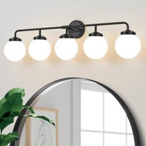 lot 3649 image: $136 Bathroom Vanity Lights, 5Light Matte Black with Milk Glass Globes