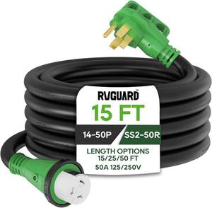 lot 3677 image: $70 RVGUARD 50A 15ft RV Power Cord 14-50P to SS2-50R ETL Green