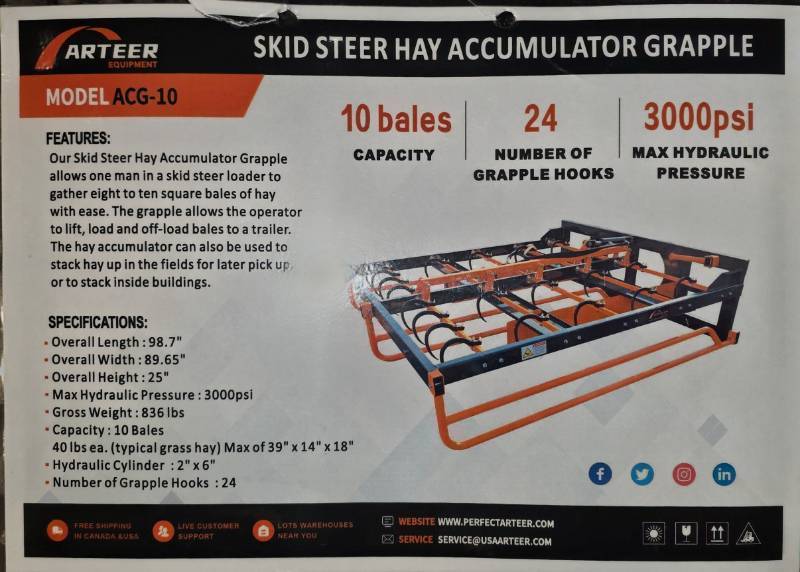 lot 8660 image: Unused ARTEER Skid Steer Hay Accumulator Grapple ACG-10 - 10 Bale Capacity - 24 Grapple Hooks