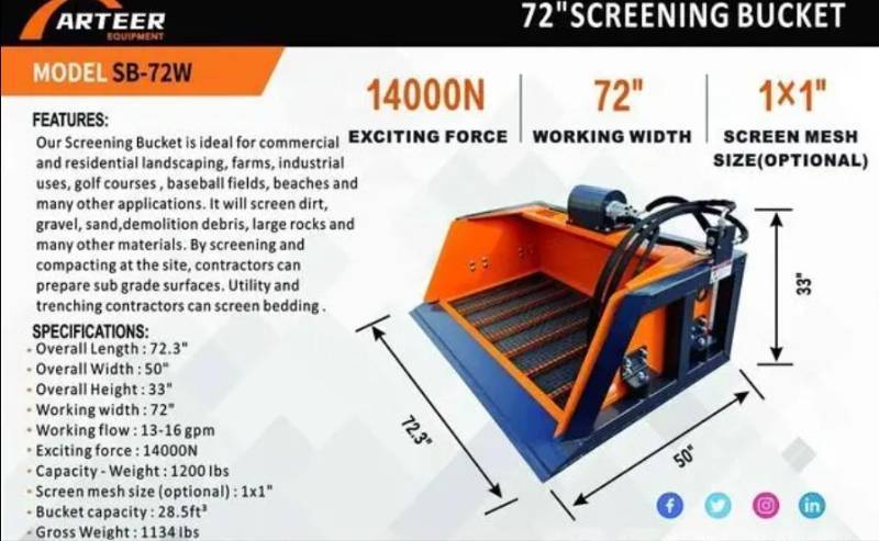 lot 8665 image: Unused Arteer 72 Skid Steer Screening Bucket Attachment