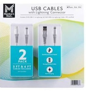 lot 10965 image: Members Mark USB Lightning 3 Foot and 6 Foot Cables (Pack of 2)