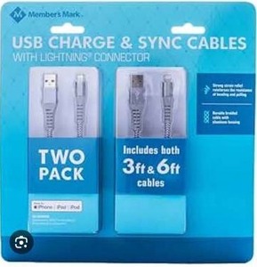 lot 11034 image: Members Mark USB Lightning 3 Foot and 6 Foot Cables (Pack of 2)