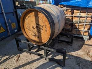 Large Marked Wood Barrel on Metal Stand (stand included)
