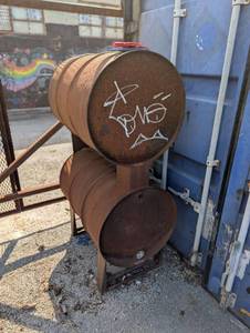 Double-Barrel Metal Container, used as Wood Shop Heater