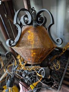 lot 271006 image: Amber Glass Hanging Light Fixture with Metal Scroll Frame