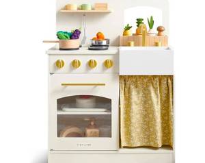 lot 11187 image: Tiny Land Play Kitchen for Toddlers, Wooden Kids Kitchen Playset with Cutting Food & Cookware
