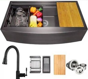 lot 11227 image: AKDY All-in-One Matte Black Finished Stainless Steel 33 in. x 22 in. Farmhouse Apron Mount Kitchen Sink with Pull-down Faucet- Retail $880