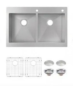 lot 11245 image: Glacier Bay Professional Zero Radius 1 Hole  33 in. Drop-In 5050 Double Bowl 16 Gauge Stainless Steel Kitchen Sink with Accessories- Retail $282
