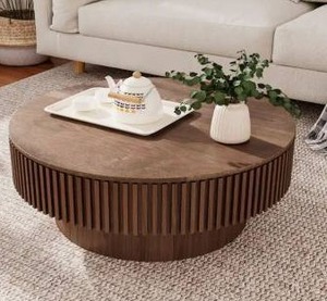 Noble House Leigh 31.5 in. Brown Round MDF Wood Coffee Table with Storage, Fluted Design, Walnut- Retail: $326