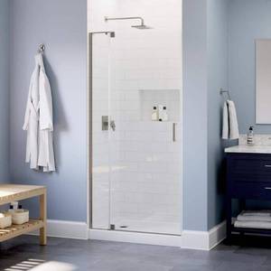lot 11250 image: Wilder 30 to 36 in. W x 71-34 in. H Frameless Kit, Pivoting Shower Door in Nickel with 14 in. Clear Glass- Retail $519