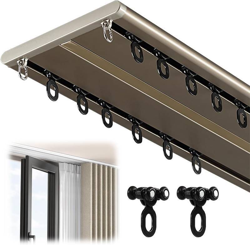 lot 131272 image: Double Row Curtain Track Silent Heavy Duty Drop Ceiling Curtain Track, Aluminum Alloy Ceiling Drape Track Set, for Living Room Bedroom Hospital Easy Install, Champagne,2.8m(9.2ft)