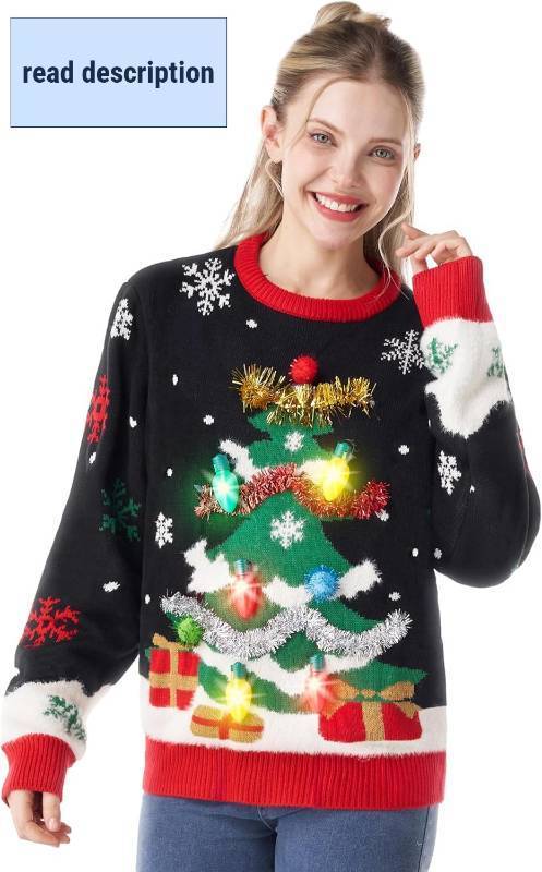 lot 331118 image: Giggling Getup Ugly Christmas Sweater with Light, LED Ugly Christmas Sweater for Women Men Kids 2025 Christmas Tree(Black)