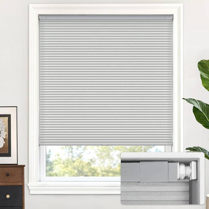 lot 401310 image: LazBlinds Cordless Cellular Shades, No Tools No Drill Light Filtering Honeycomb Shades Pleated Blinds for Windows, 35 W x 64 H, Light Grey