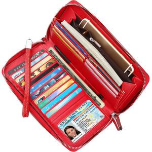 lot 133 image: Lavemi Womens RFID Blocking 100% Leather Large Capacity Zip Around Wallet Phone Holder Clutch Travel Purse Wristlet(Large Size Pebble Red) - Retail $26