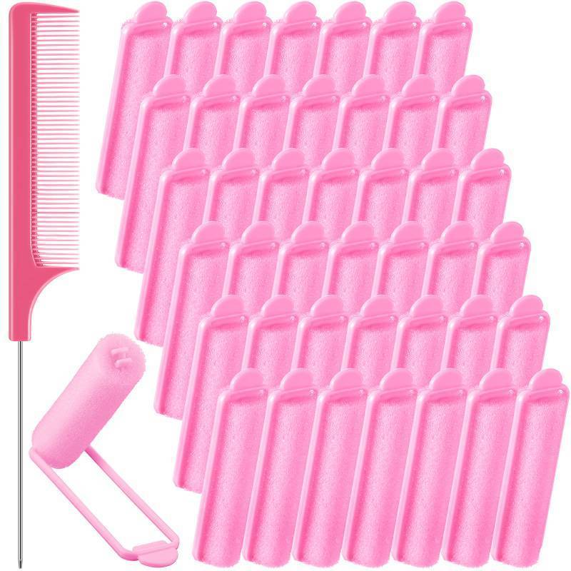 lot 50548 image: Syhood 43 Pcs Foam Sponge Hair Rollers Women 0.59 Inch Soft Sleeping Curlers Flexible Sponge Curler Tool and Rat Tail Comb for Hair Styling Hairdressing Overnight Curl and Volume(Pink) - Retail $13