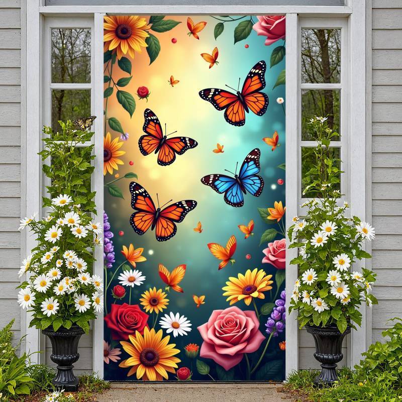 lot 50557 image: Welcome Butterfly Door Cover Welcome Spring Door Decorations Banner Flower Butterfly Banner Sign Photo Background for Spring and Summer Holiday Party Decor Indoor Outdoor Supplies - Retail $10