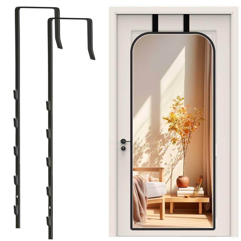 lot 50571 image: FWUNYVN Over-The-Door Mirror Hanger, Adjustable Door Mirrors Hanger Set with Protective Lining, 2 Pcs Door Brackets Perfect Height and Fit (Mirror Not Included)-Black - Retail $9