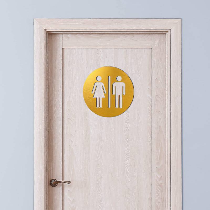 lot 51961 image: Men and Women Bathroom Sign 7.87 x 7.87 Inch Metal Unisex Restroom Door Signs Decor for Office Businesses Restaurant Home Bathroom Wall Decor Adhesive Backed (Gold) - Retail $14
