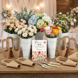 lot 7784 image: LEIFIDE 39 Pcs Flower Bar Buckets Set Kit Bloom Bar Supplies Include Wood Sign Gift Bags Iron Bucket Garden Flower Shears for Valentine Days Wedding Bridal Shower Table Centerpieces (White) - Retail $61