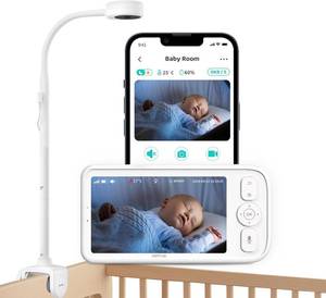 Baby Monitor with Camera and Audio, 5" Screen & App, 2.4GHz WiFi Secure Link, Sleep Tracking, Cry Detection, Night Vision, Temp & Humidity Monitor, 2-Way Talk, 5GB Cloud Storage, 4-in-1 Mount - Retail: $170