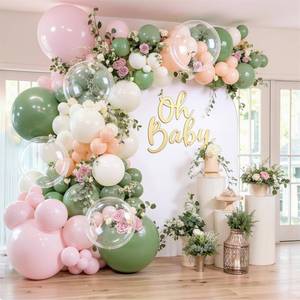 lot 33354 image: Pink and Green Balloons Arch Kit, Light Dusty Pastel Pink Sage Green Sand White Light Orange Balloons Garland Kit for Wedding Birthday Bridal Shower Bloom Woodland Boho Party Decorations - Retail $12