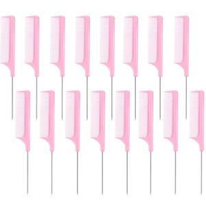 lot 33368 image: 16 Pcs Rat Tail Comb Parting Rattail Comb Foiling Steel Pin Fine Tooth Fiber Heat Resistant Teasing Pintail Combs Women(Pink) - Retail $7