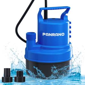 lot 45599 image: PANRANO 13 HP Submersible Water Pump 2000 GPH Portable Small Sump Pump For Pool Cover, Basements, Puddles, Gardens Ponds With 16.4 Ft Power Cord and Hose Adapters, Blue - Retail $47