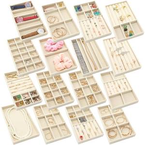 lot 45600 image: Landical 16 Pcs Stackable Jewelry Organizer for Drawer Velvet Jewelry Tray with Dividers Earring Holder & Ring Display Box Fits 8.4 x 5 x 1 Drawer Necklace Storage for Women, Girls (beige, 16 Styles) - Retail $29