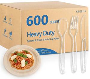 lot 45610 image: SEGLEX Disposable Plastic Cutlery Set, Heavy Duty Plastic Silverware Including Knives, Forks, Spoons & Paper Plates, Ideal for Parties, Catering, Events & Daily Use - Retail $27