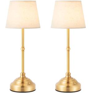 lot 45612 image: Keysays 2 Pack Cordless Table Lamp, Rechargeable Desk Lamp with Fabric Shade, Battery Operated Lamp 3 Color Stepless Dimming, Small Touch Bedside Lamp Home Decor for Dining, Counter (Brushed Gold) - Retail $38