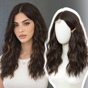 lot 45616 image: BUPPLER Wig 18 Inch Medium Length Wigs for Women Middle Part Synthetic Hair Wavy Wig with Upgraded Strands,Natural Hair Wigs for Daily PartyHalloween Use 18Inch,Dark Brown Highlight - Retail $25