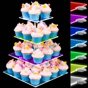 lot 45620 image: Cupcake Stand with Rechargeable Light - 4 Tiered Cupcake Tower Tree - Clear Cupcake Holder for 52 Cupcakes - Led Dessert Pastry Display Stand for Parties, Celebrations, and Events screen pieces and parts missing - Retail $27