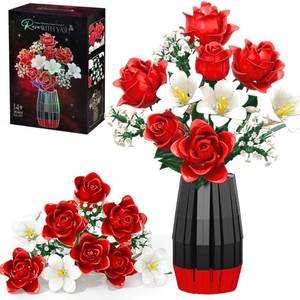 Rose Flowers Bouquet Building Set with Vase Included, 1077 PCS Artificial Flowers Botanical Collection Kit for Adults Women Men & Teen Girl, Mother's Day Birthday Gifts for Mom Her Wife Girlfriend - Retail: $42