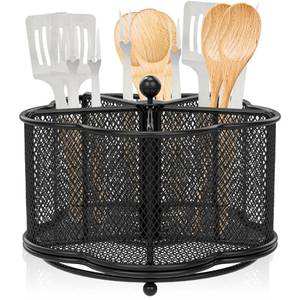 lot 45633 image: Kandishiex 360° Kitchen Rotating Silverware Cutlery Caddy Holder, 5-Compartment Metal Utensil Caddy Rotatable Cutlery Holder, 7.2 x 5.1inch Large Metal Utensil Organizer for Outdoor Picnic Camping - Retail $24